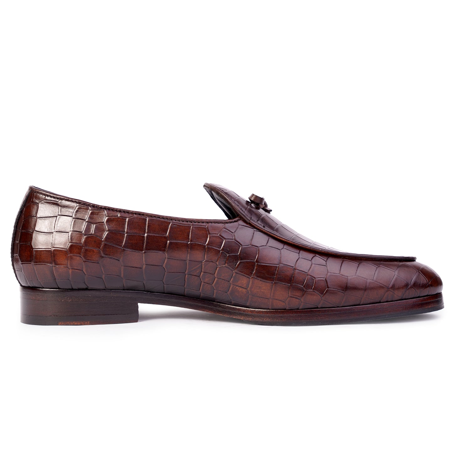 Side view of Dark brown coloured Belgian loafer formal shoes in leather with Blake stitched leather sole