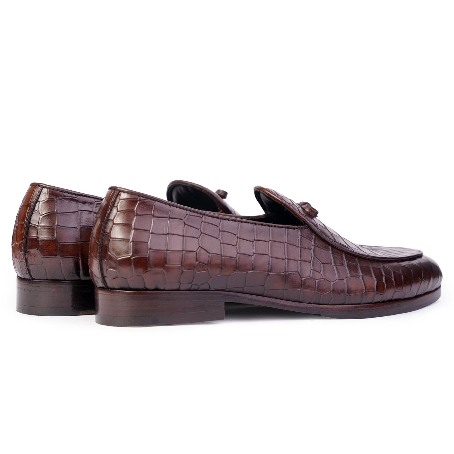 Belgian Loafers in Dark Brown colour hand painted patina croc embossed leather with Blake stitched sole