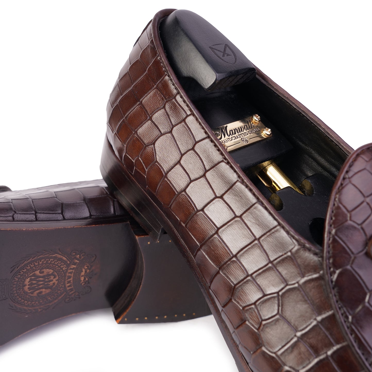 Belgian Loafers in Dark Brown colour hand painted patina croc embossed leather with Blake stitched sole