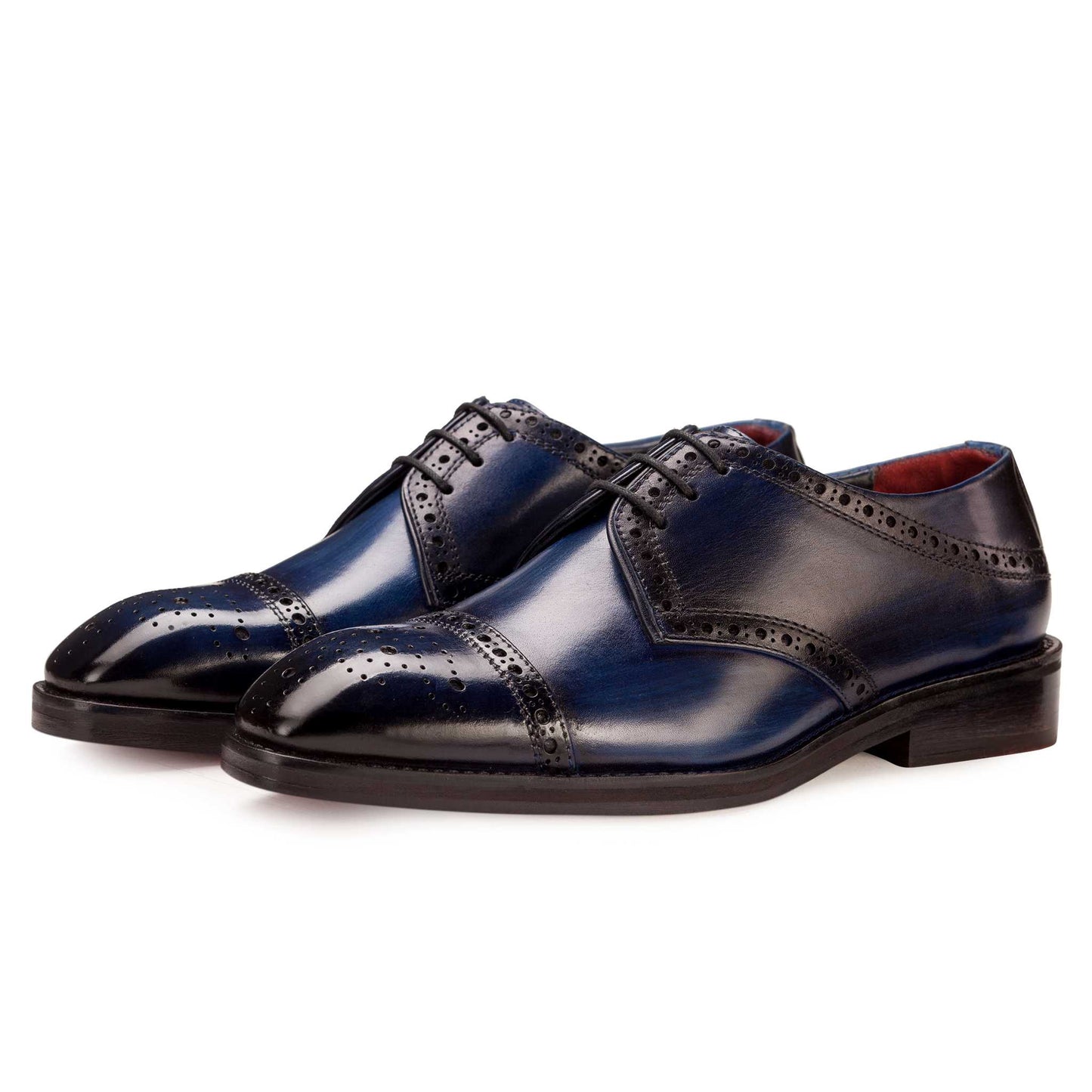 Side angled view of Blue coloured Captoe Derby semi brogue formal shoes in leather with Blake stitched leather sole