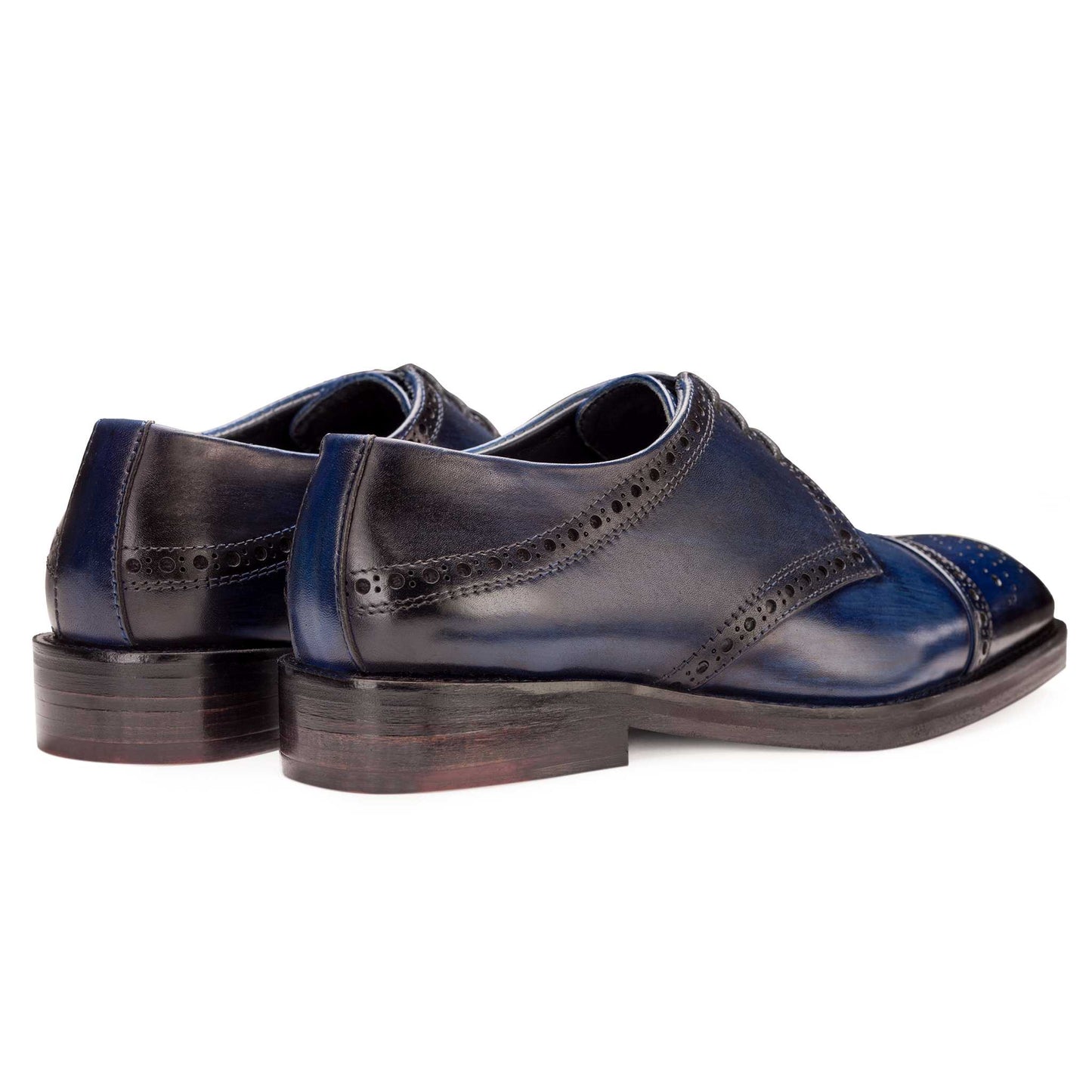 Side and back view of Blue coloured Captoe Derby semi brogue formal shoes in leather with Blake stitched leather sole
