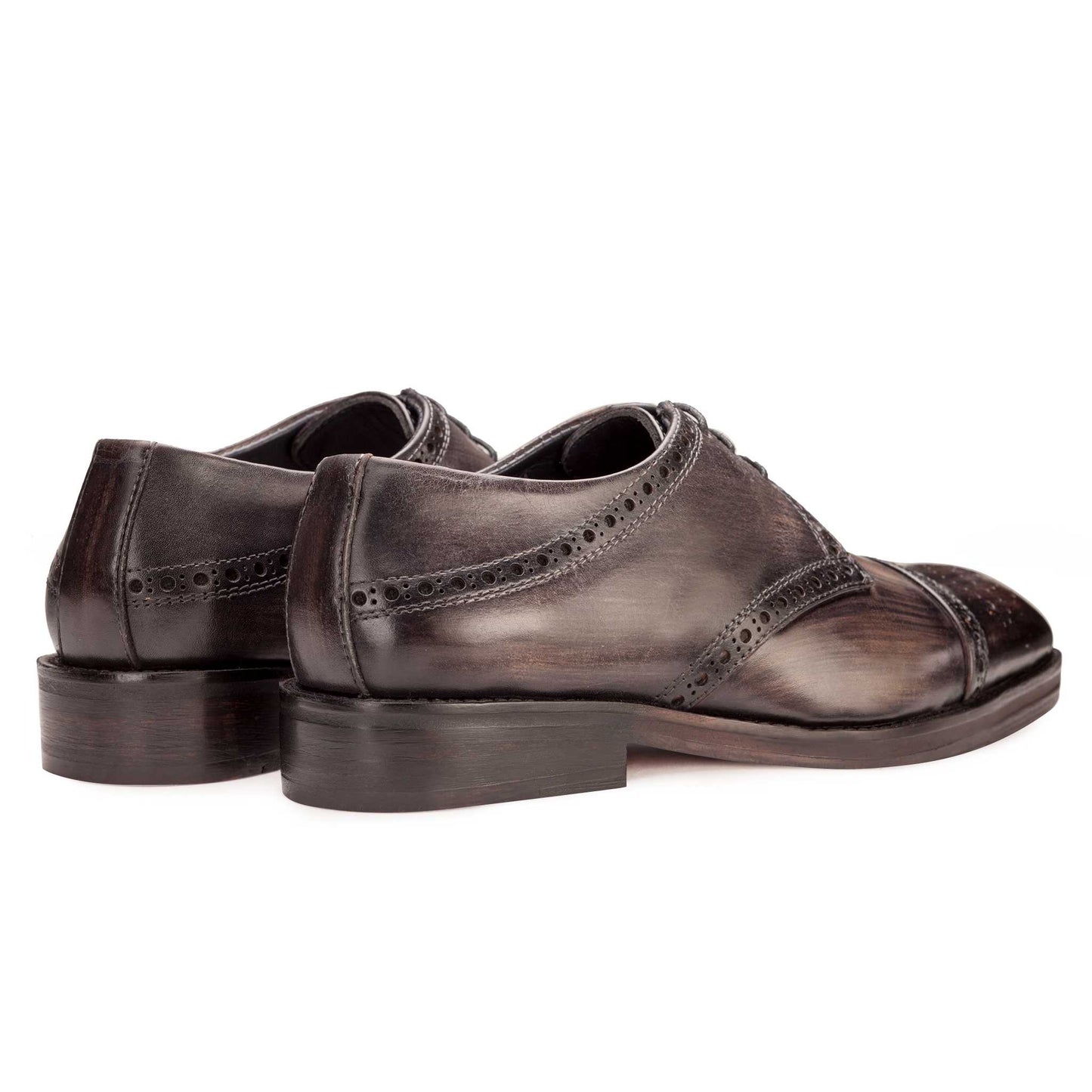 Back and side angle view of Grey Black colour Captoe Semi brogue formal shoes in leather with Blake stitched leather sole
