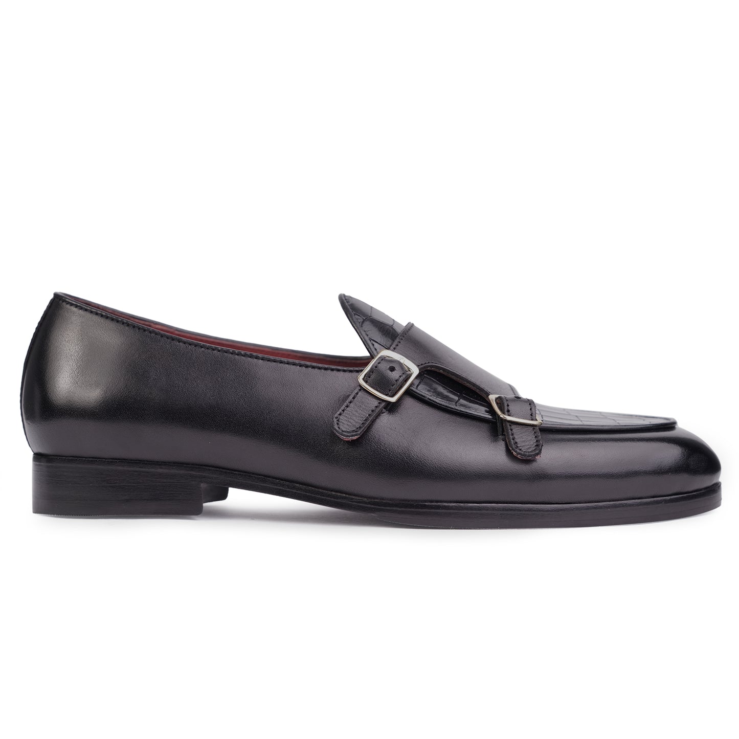 Side view of Dark Brown colour Double Monkstrap slip on shoes in leather with Blake stitched leather sole