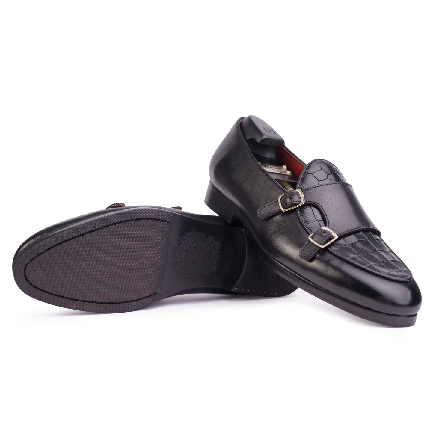 Outsole and front view of Dark Brown colour Double Monkstrap slip on shoes in leather with Blake stitched leather sole
