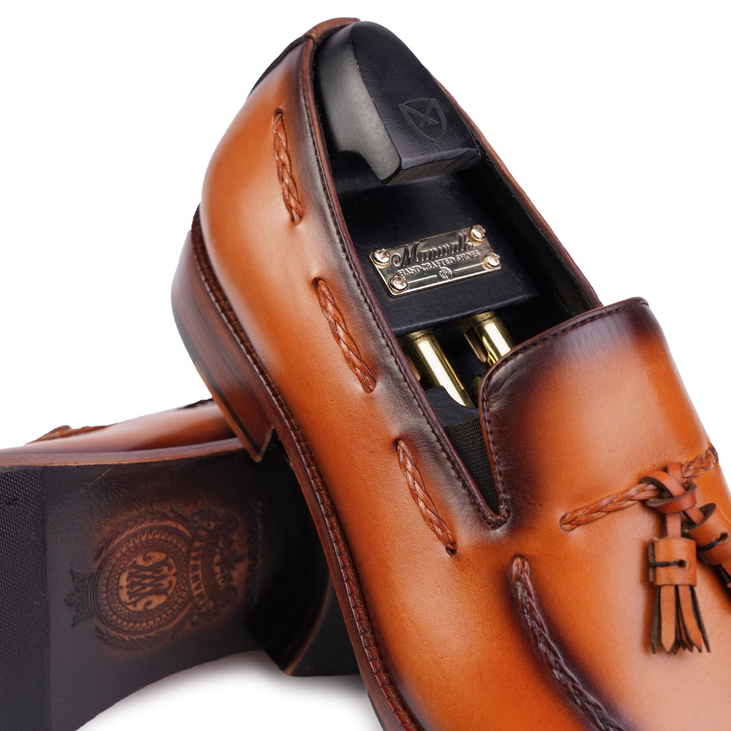 Tassel Loafers in Tan Brown colour hand painted full grain patina leather with Blake stitched sole