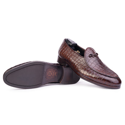 Side view and outsole view of Dark brown coloured Belgian loafer formal shoes in leather with Blake stitched leather sole