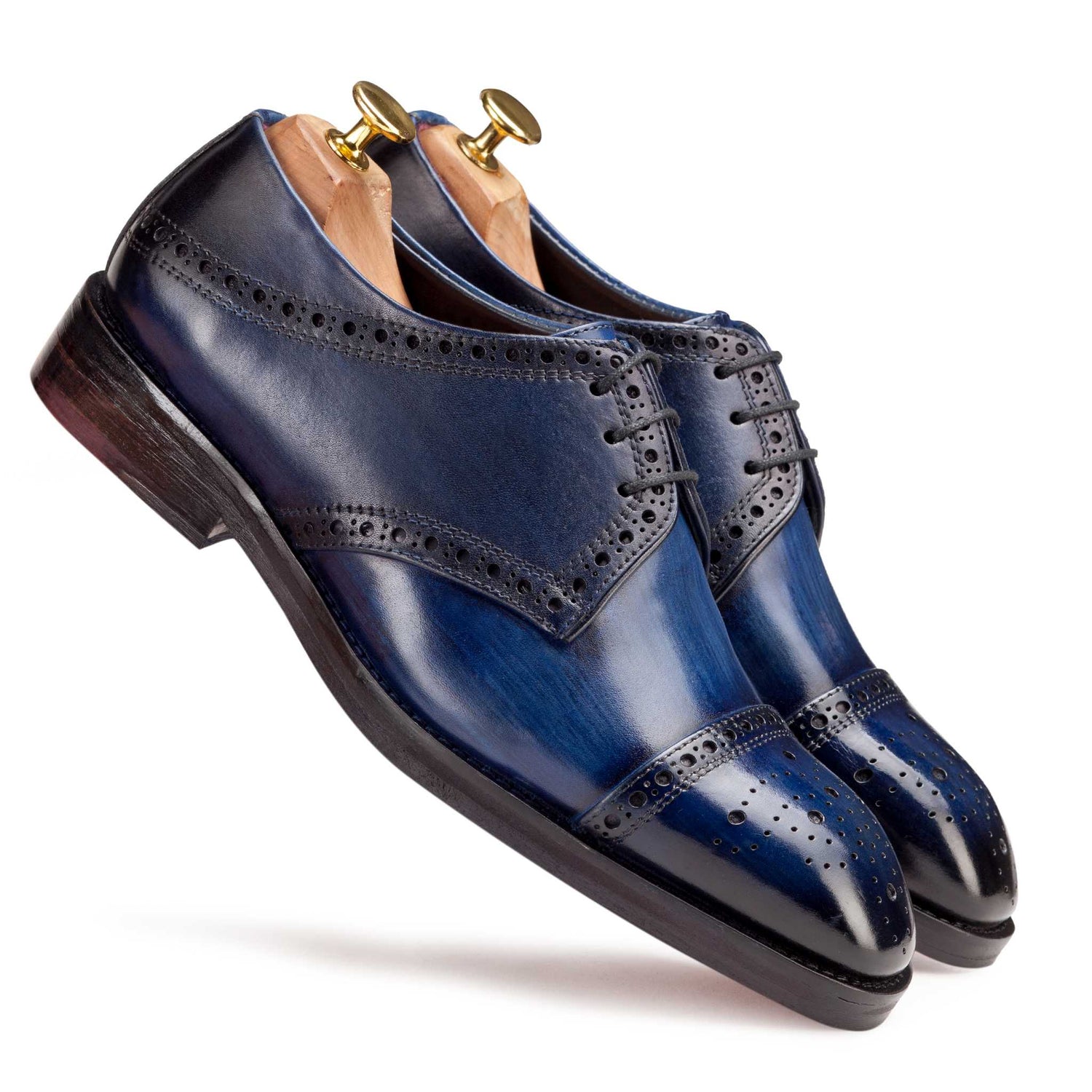 Blue coloured Captoe Derby semi brogue formal shoes in leather with Blake stitched leather sole