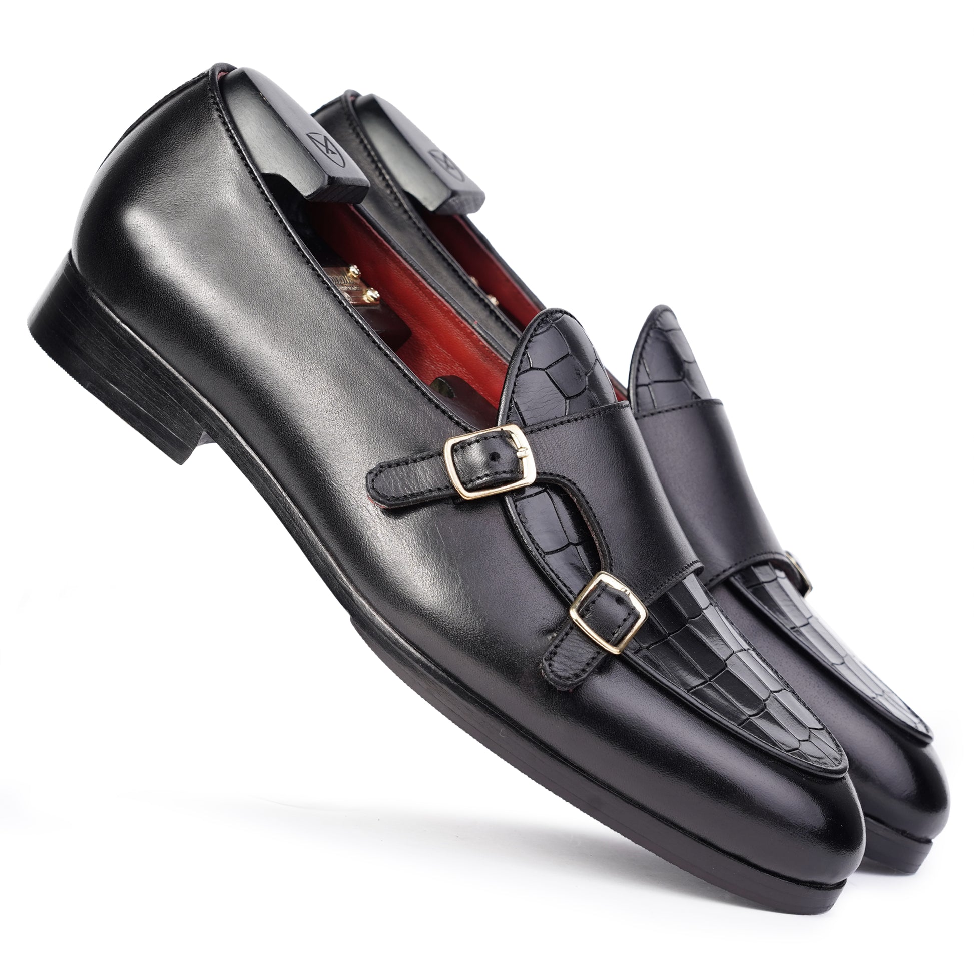 Main side view of Dark Brown colour Double Monkstrap slip on shoes in leather with Blake stitched leather sole