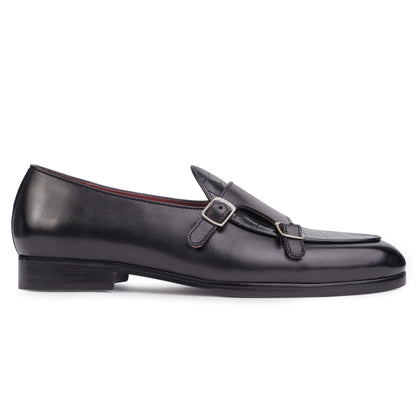 Side view of Dark Brown colour Double Monkstrap slip on shoes in leather with Blake stitched leather sole