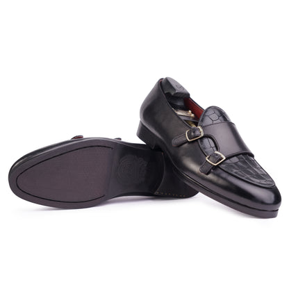 Outsole and front view of Dark Brown colour Double Monkstrap slip on shoes in leather with Blake stitched leather sole