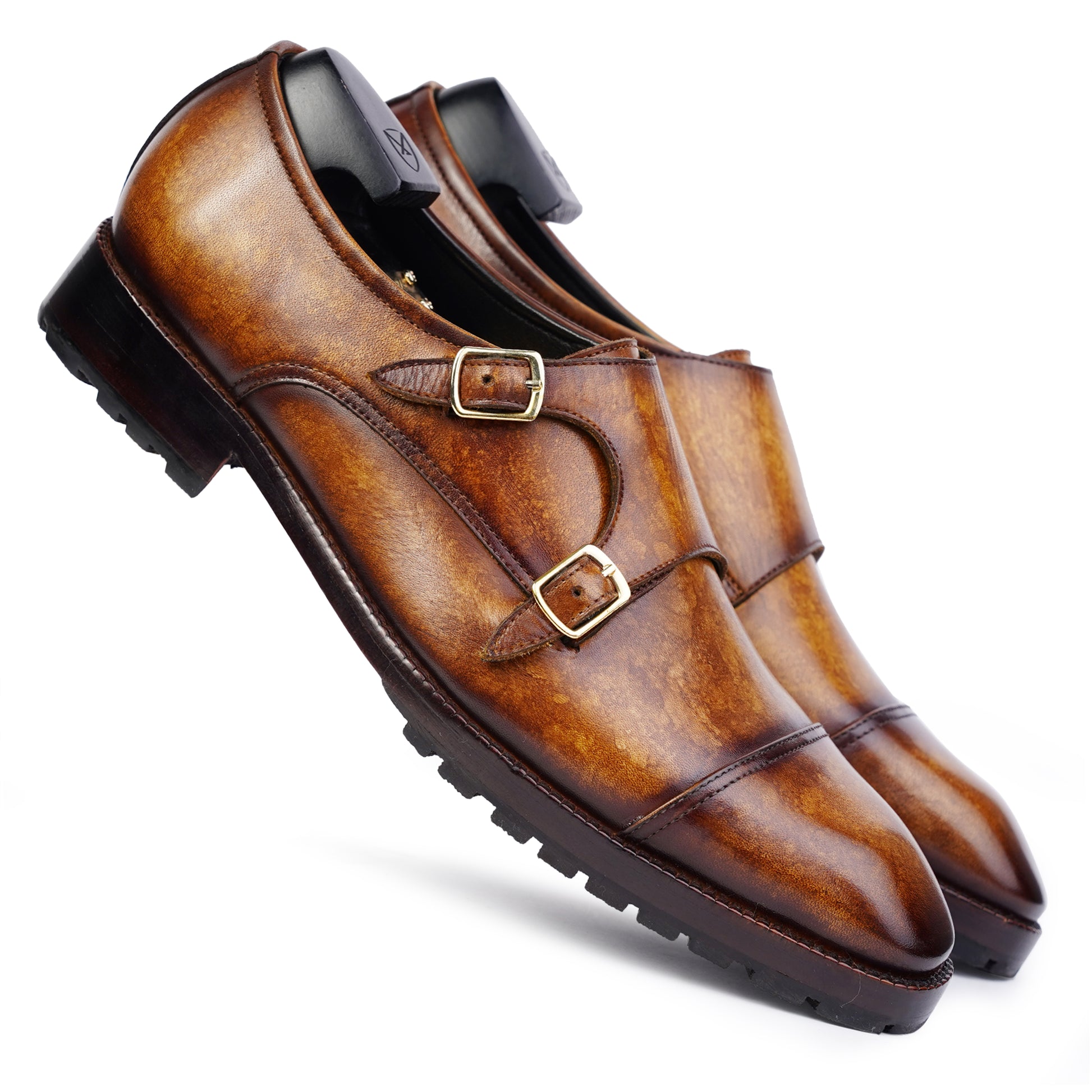 Cognac Brown colour Double Monkstrap formal shoes in leather with Blake stitched leather sole
