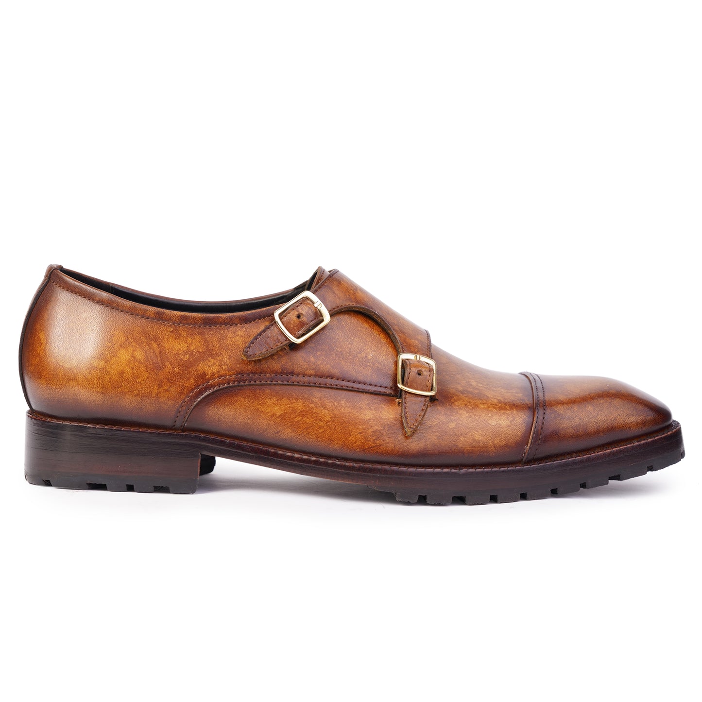 Side view of Cognac Brown colour Double Monkstrap formal shoes in leather with Blake stitched leather sole