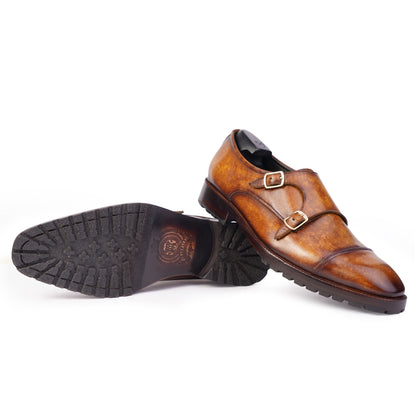 Outsode view of Cognac Brown colour Double Monkstrap formal shoes in leather with Blake stitched leather sole