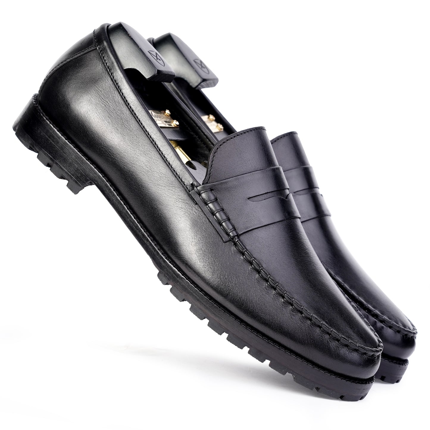 Main view Penny Loafers Round toe in Black colour hand painted full grain patina leather with Blake stitched sole