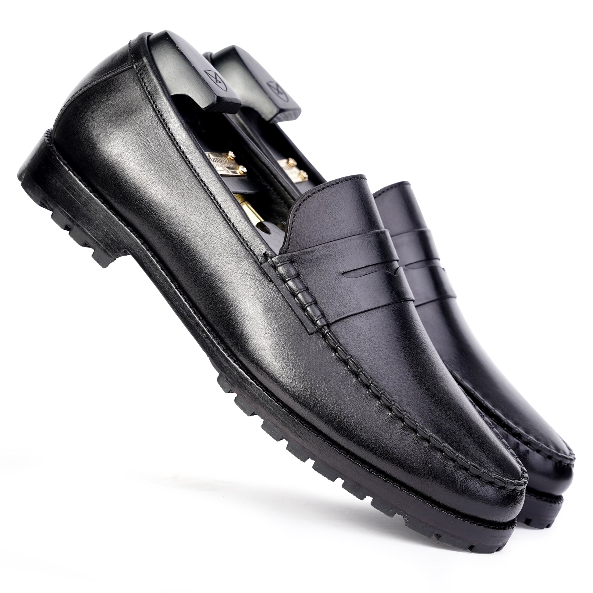 Main view Penny Loafers Round toe in Black colour hand painted full grain patina leather with Blake stitched sole