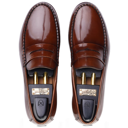 Top view of Brown colour Round toe Penny loafer formal shoes in leather with Blake stitched leather sole
