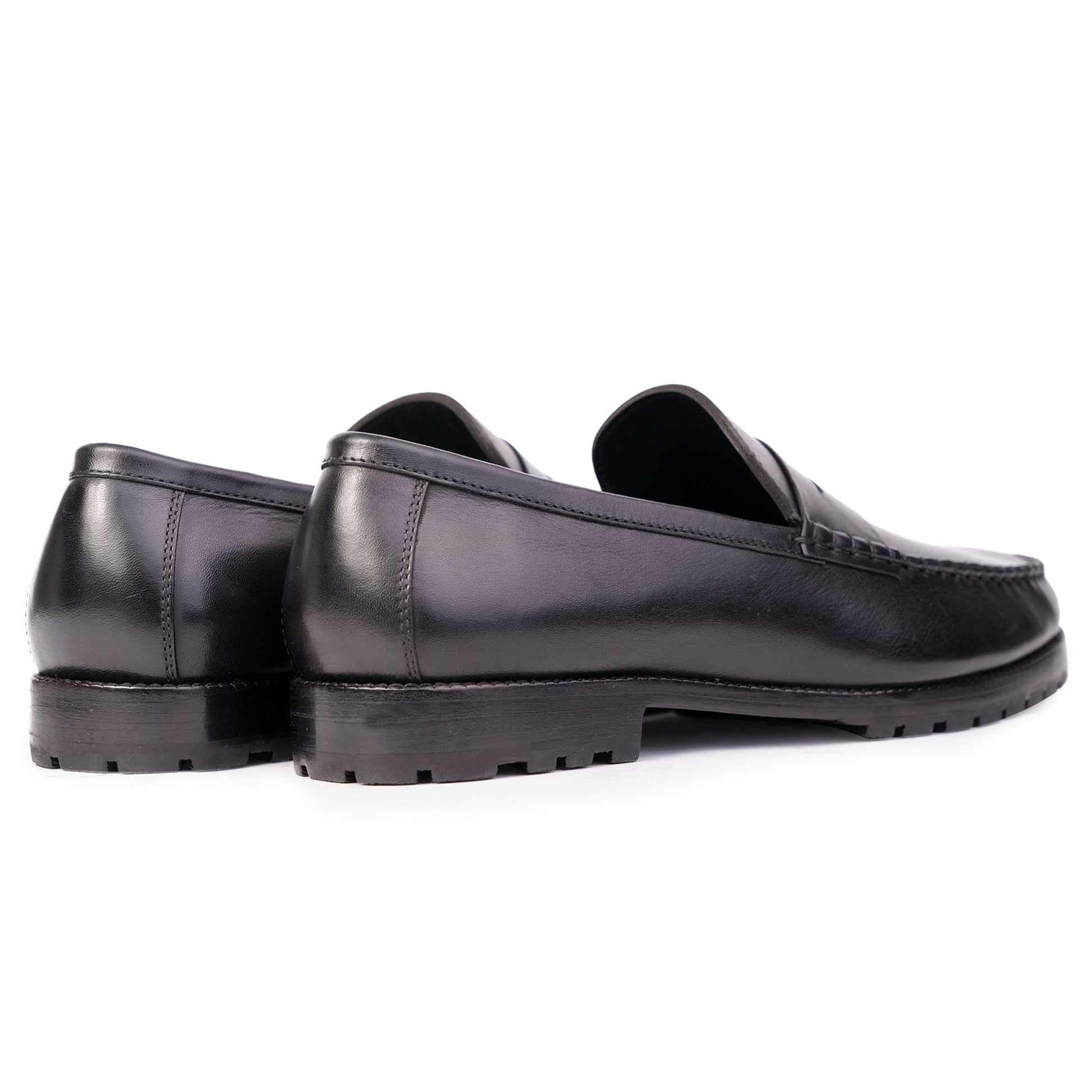 Back and side view of Loafers Round toe in Black colour hand painted full grain patina leather with Blake stitched sole